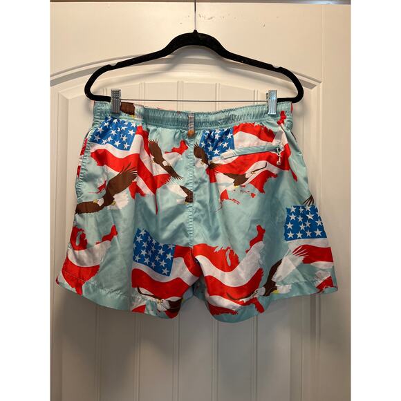 Ambsn Men’s‎ Lace-Up Drawstring Eagle Print Swim Trunks Shorts Size XL Blue Red - Picture 2 of 3